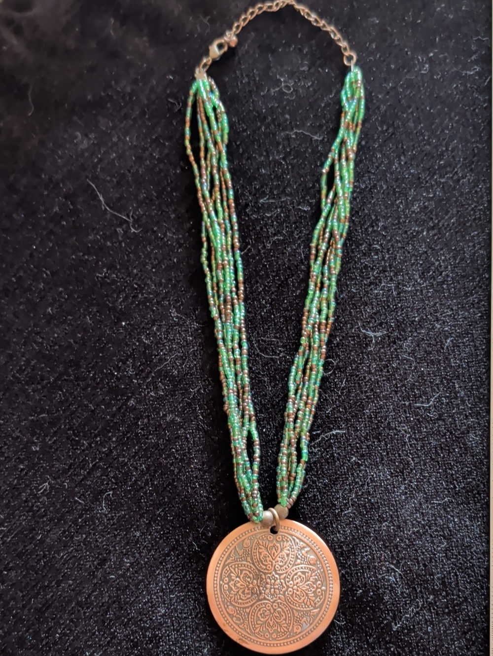 Green & Brown Multi-Strand Beaded Necklace with Etched Bronze Pendant